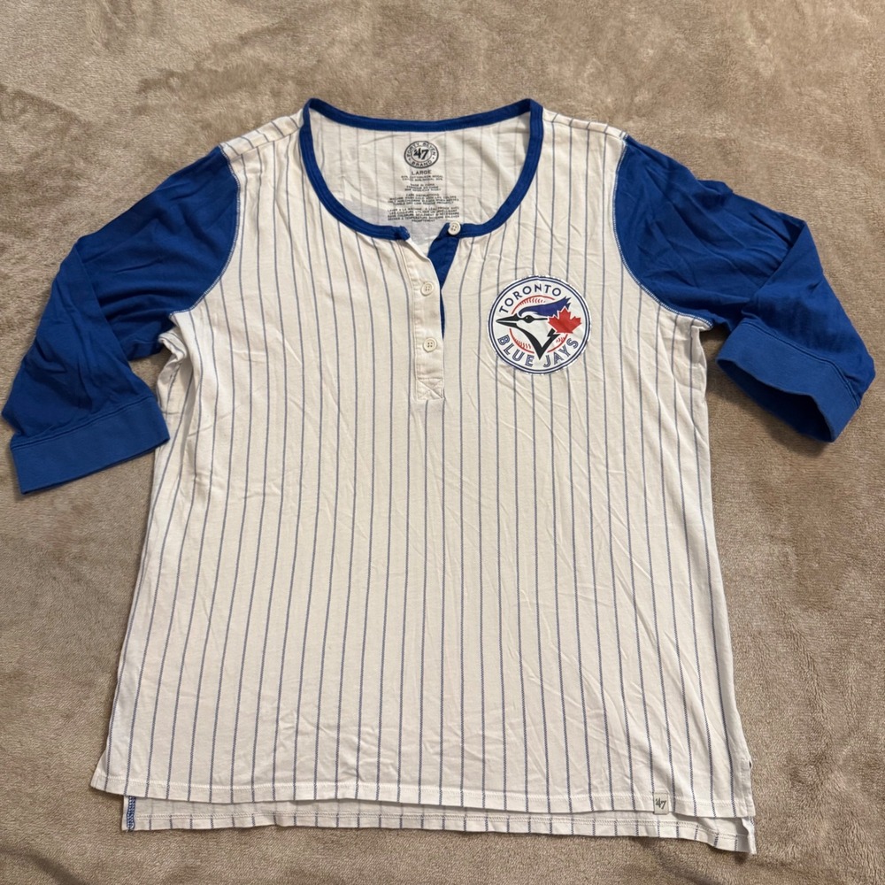 47 Brand Toronto Blue Jays Henley Shirt Womens Large Pinstripe 3/4 Sleeve MLB